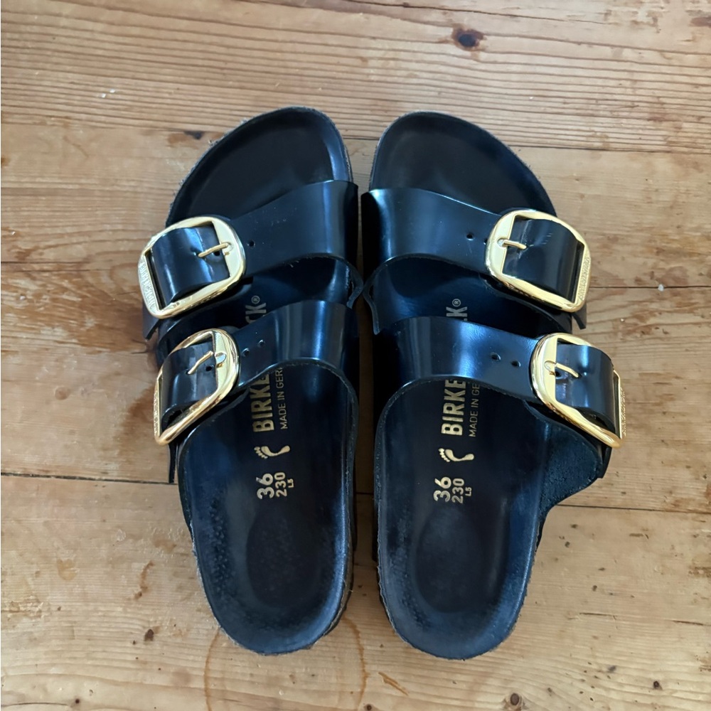 Birkenstock Black Sandals with Gold Buckles